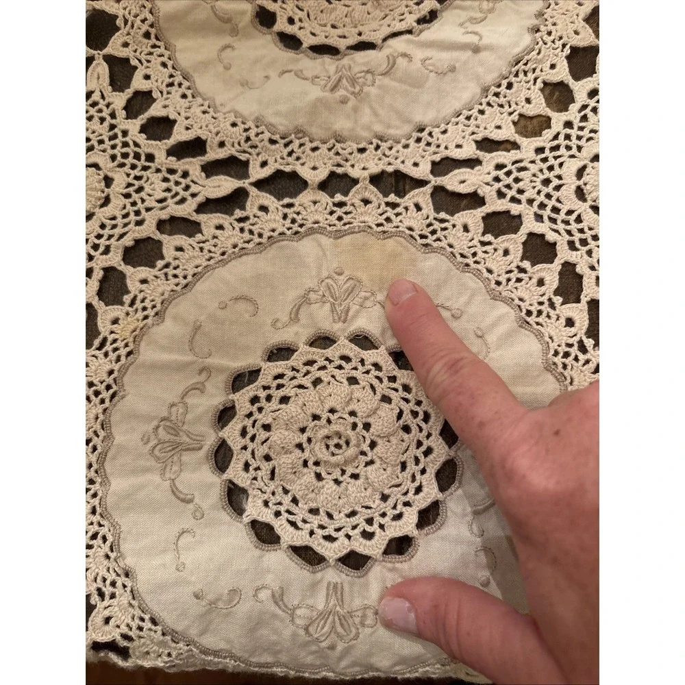 Vintage Hand Crochet Lace Linen Embroidered Banquet Tablecloth Heirloom 113x60